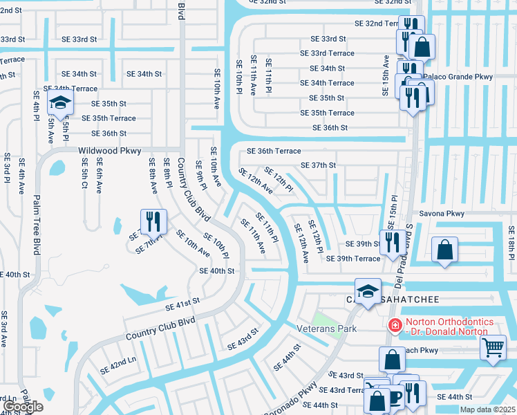 map of restaurants, bars, coffee shops, grocery stores, and more near 3823 Southeast 11th Place in Cape Coral