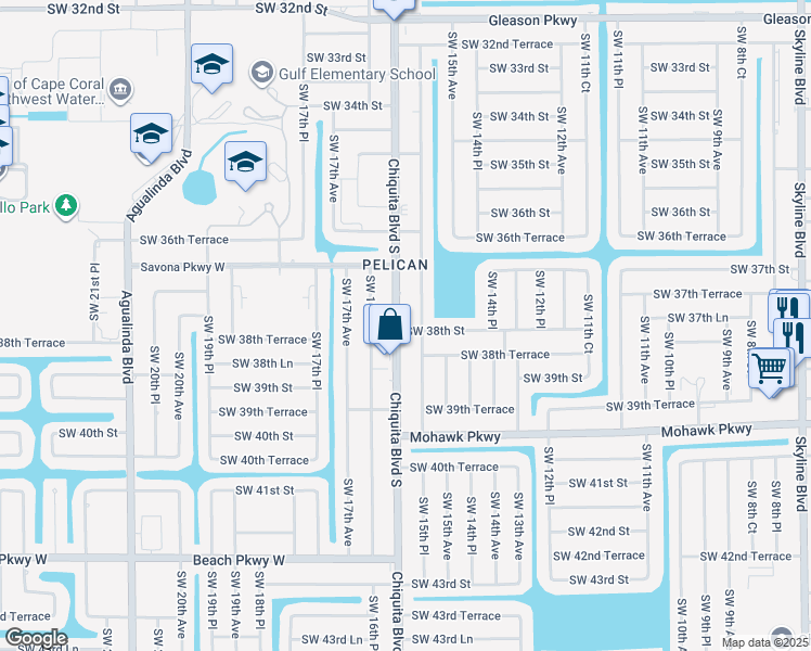 map of restaurants, bars, coffee shops, grocery stores, and more near 3739 Chiquita Boulevard South in Cape Coral