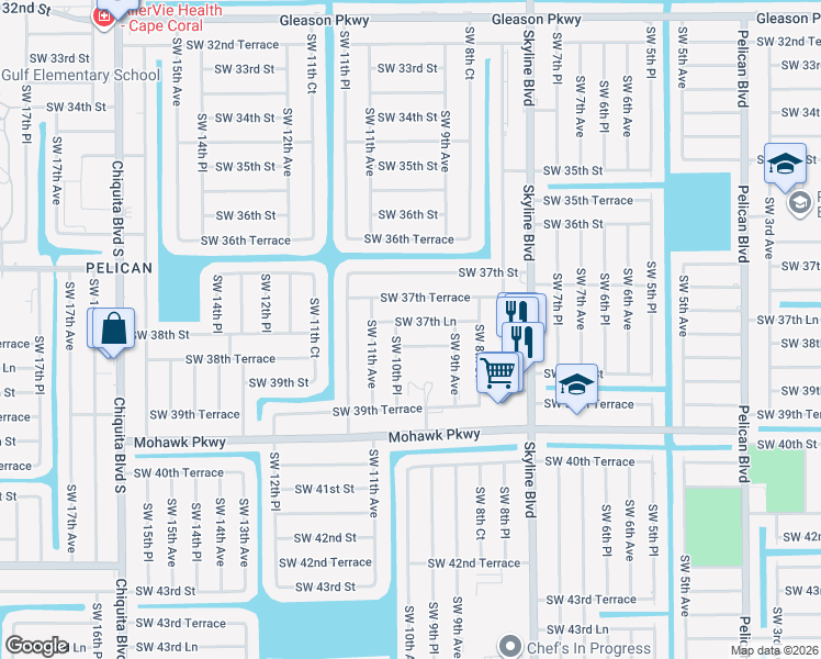 map of restaurants, bars, coffee shops, grocery stores, and more near 934 Southwest 37th Lane in Cape Coral