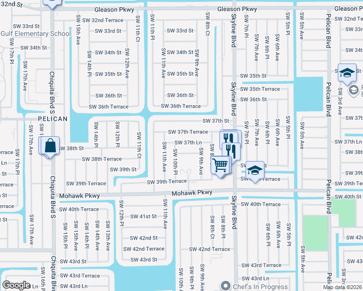 map of restaurants, bars, coffee shops, grocery stores, and more near 934 Southwest 37th Lane in Cape Coral