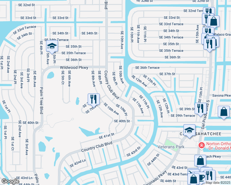 map of restaurants, bars, coffee shops, grocery stores, and more near 3731 Country Club Boulevard in Cape Coral