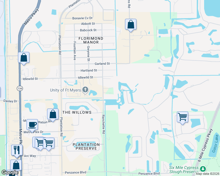 map of restaurants, bars, coffee shops, grocery stores, and more near 11085 Ranchette Road in Fort Myers