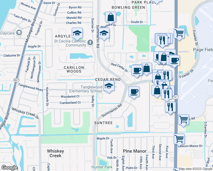 map of restaurants, bars, coffee shops, grocery stores, and more near 5272 Cedarbend Drive in Fort Myers