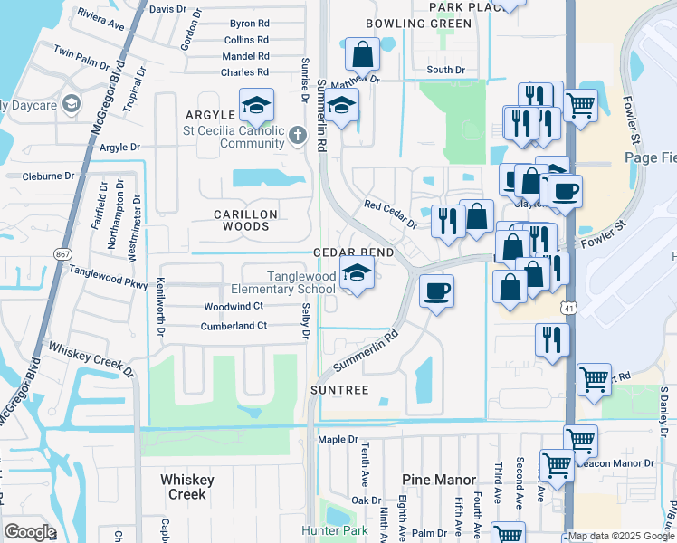 map of restaurants, bars, coffee shops, grocery stores, and more near 5244 Cedarbend Drive in Fort Myers