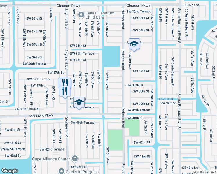 map of restaurants, bars, coffee shops, grocery stores, and more near 4201 Northwest 38th Terrace in Cape Coral