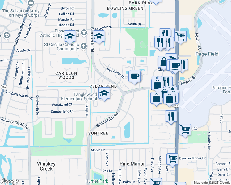 map of restaurants, bars, coffee shops, grocery stores, and more near 5249 Cedarbend Drive in Fort Myers
