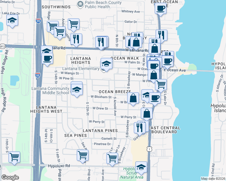 map of restaurants, bars, coffee shops, grocery stores, and more near 415 South Arnold Avenue in Lantana