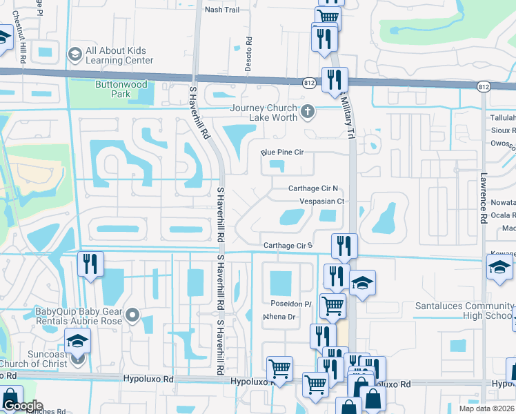 map of restaurants, bars, coffee shops, grocery stores, and more near 6240 Carthage Circle South in Lake Worth