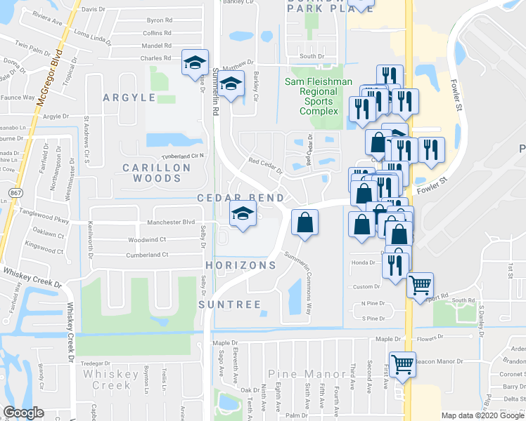map of restaurants, bars, coffee shops, grocery stores, and more near 5249 Cedarbend Drive in Fort Myers