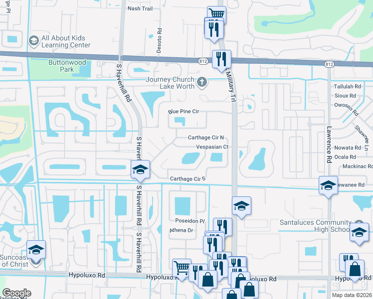 map of restaurants, bars, coffee shops, grocery stores, and more near 4644 Vespasian Court in Lake Worth