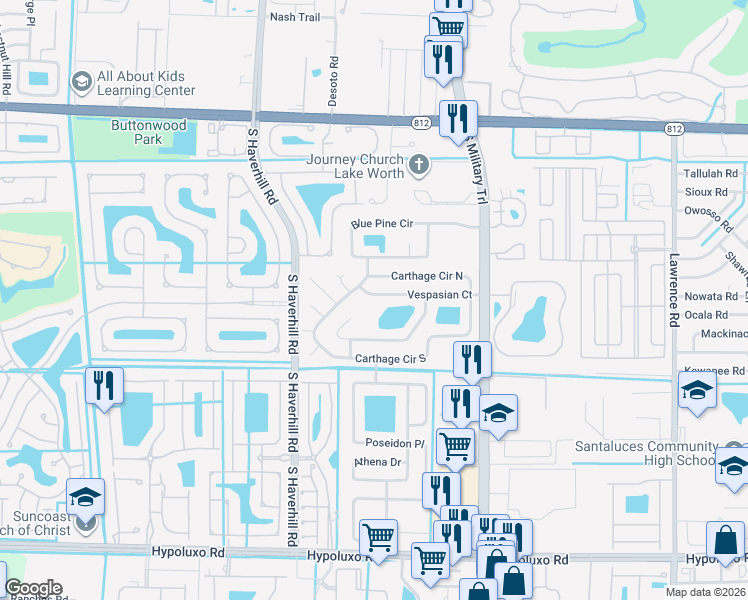 map of restaurants, bars, coffee shops, grocery stores, and more near 4644 Vespasian Court in Lake Worth