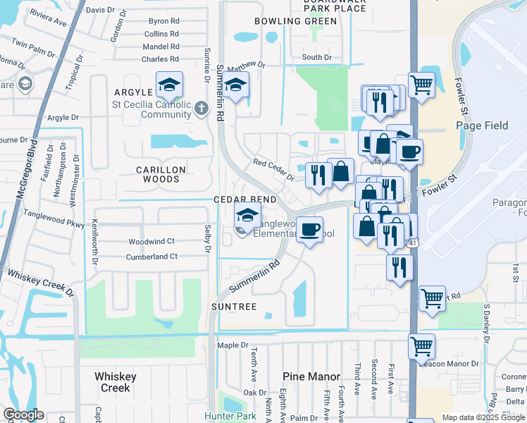 map of restaurants, bars, coffee shops, grocery stores, and more near 5249 Cedarbend Drive in Fort Myers