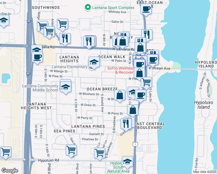 map of restaurants, bars, coffee shops, grocery stores, and more near 616 West Broward Street in Lantana