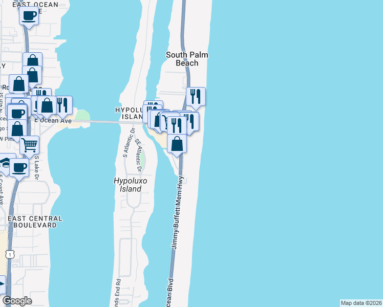 map of restaurants, bars, coffee shops, grocery stores, and more near 400 Florida A1A in Manalapan