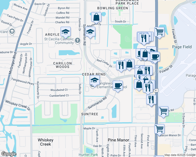 map of restaurants, bars, coffee shops, grocery stores, and more near 5272 Cedarbend Drive in Fort Myers