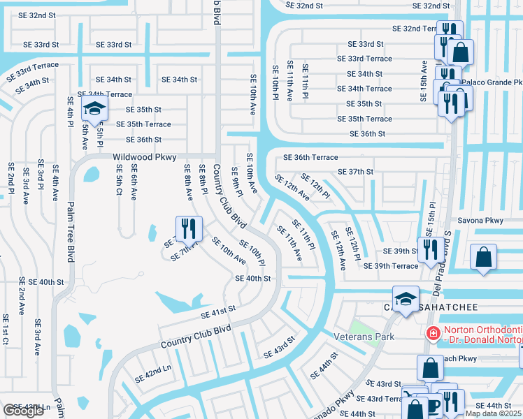 map of restaurants, bars, coffee shops, grocery stores, and more near 1012 Southeast 38th Street in Cape Coral
