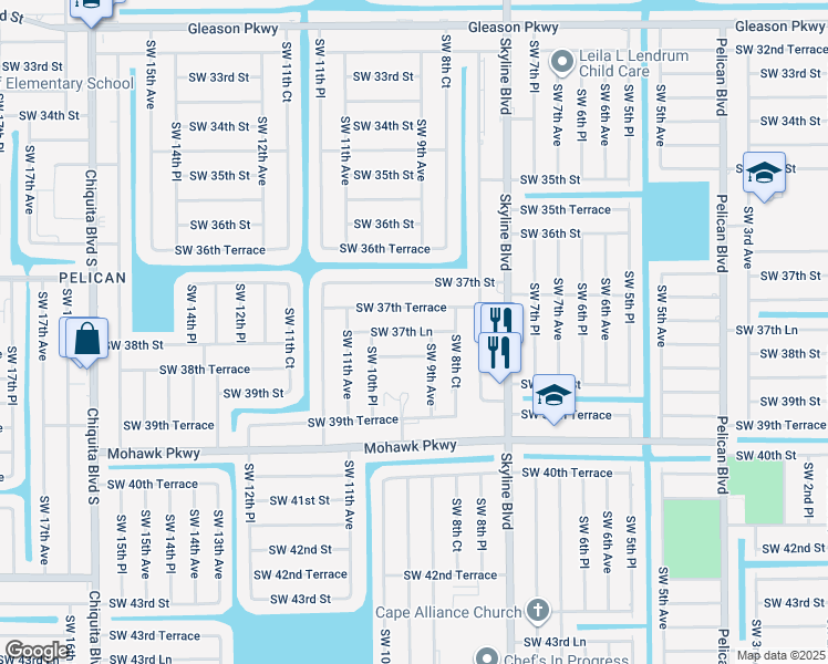 map of restaurants, bars, coffee shops, grocery stores, and more near 916 Southwest 37th Lane in Cape Coral