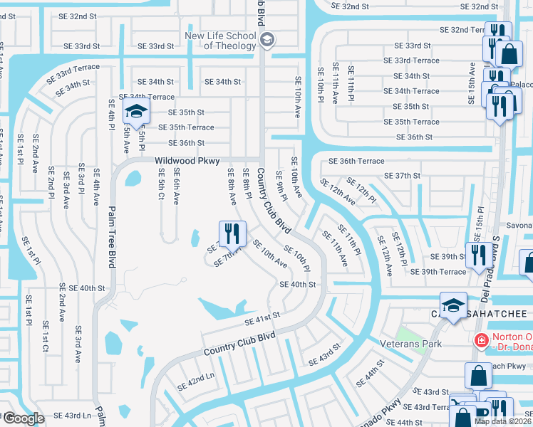 map of restaurants, bars, coffee shops, grocery stores, and more near 3731 Country Club Boulevard in Cape Coral