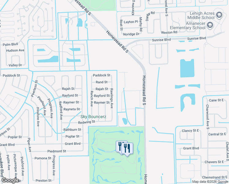 map of restaurants, bars, coffee shops, grocery stores, and more near 321 Rawlings Avenue in Lehigh Acres