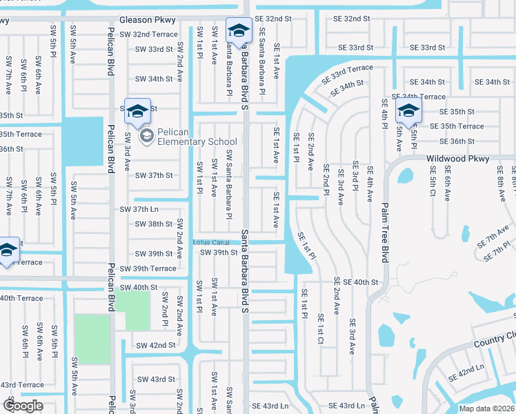map of restaurants, bars, coffee shops, grocery stores, and more near 3750 Southeast Santa Barbara Place in Cape Coral