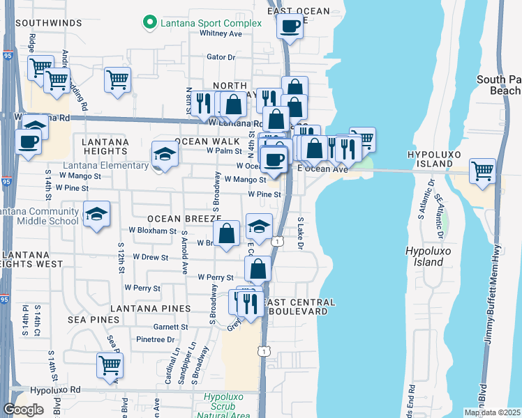 map of restaurants, bars, coffee shops, grocery stores, and more near 320 Wickline Boulevard in Lantana