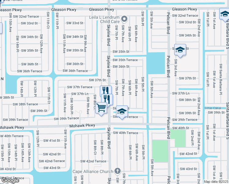 map of restaurants, bars, coffee shops, grocery stores, and more near 3732 Southwest 7th Place in Cape Coral