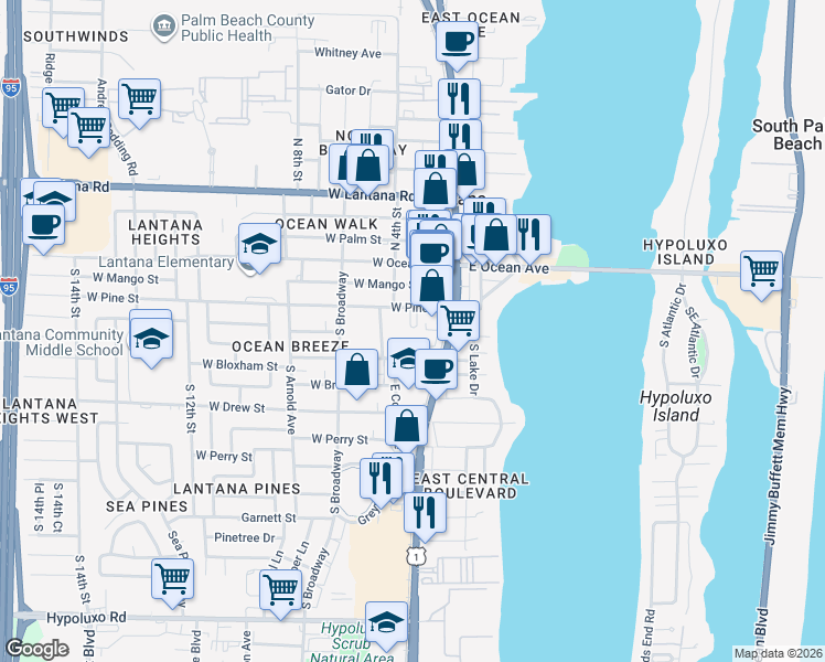 map of restaurants, bars, coffee shops, grocery stores, and more near 324 West Pine Street in Lantana