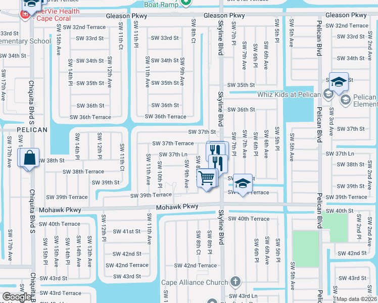 map of restaurants, bars, coffee shops, grocery stores, and more near 841 Southwest 37th Lane in Cape Coral