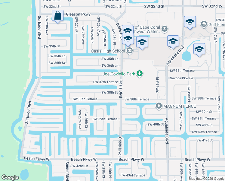 map of restaurants, bars, coffee shops, grocery stores, and more near 2530 Southwest 38th Street in Cape Coral