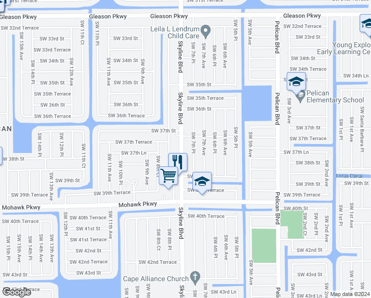 map of restaurants, bars, coffee shops, grocery stores, and more near 3732 Southwest 7th Place in Cape Coral