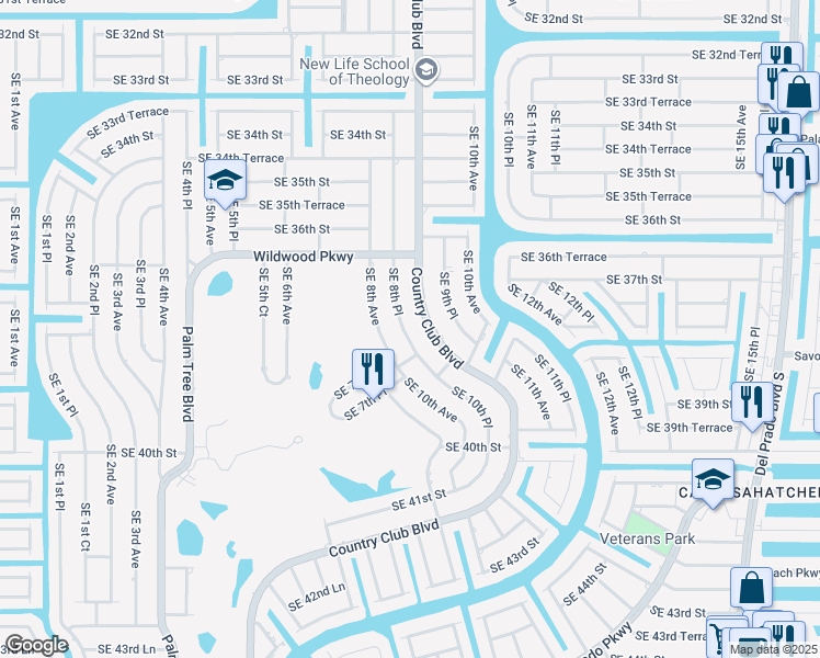 map of restaurants, bars, coffee shops, grocery stores, and more near 3716 Southeast 8th Place in Cape Coral