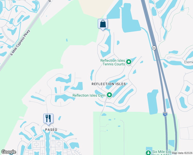 map of restaurants, bars, coffee shops, grocery stores, and more near 9086 Water Tupelo Road in Fort Myers