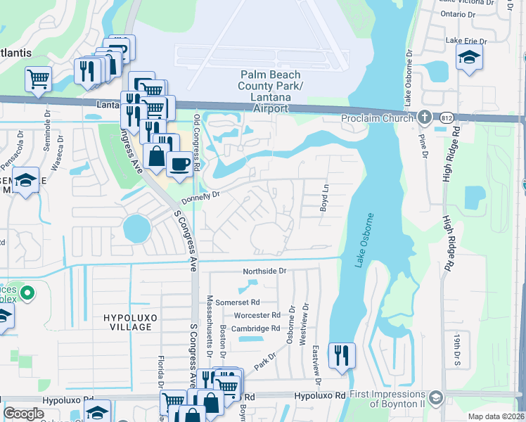 map of restaurants, bars, coffee shops, grocery stores, and more near 2782 Donnelly Drive in Lake Worth