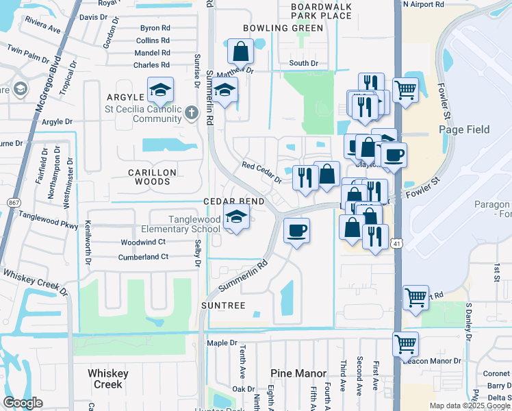map of restaurants, bars, coffee shops, grocery stores, and more near 5243 Cedarbend Drive in Fort Myers
