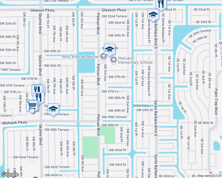 map of restaurants, bars, coffee shops, grocery stores, and more near 245 Southwest 37th Lane in Cape Coral