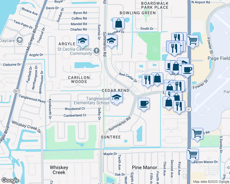 map of restaurants, bars, coffee shops, grocery stores, and more near Cedarbend Drive in Fort Myers