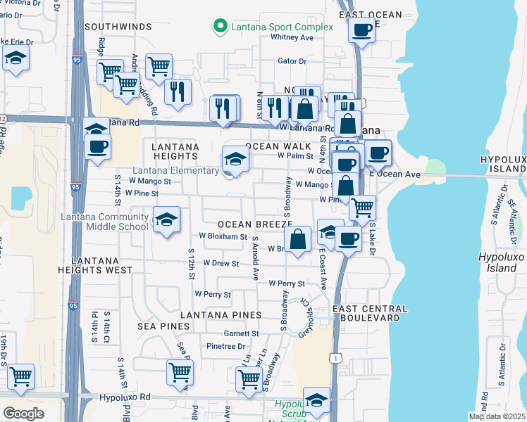 map of restaurants, bars, coffee shops, grocery stores, and more near 707 West Broward Street in Lantana