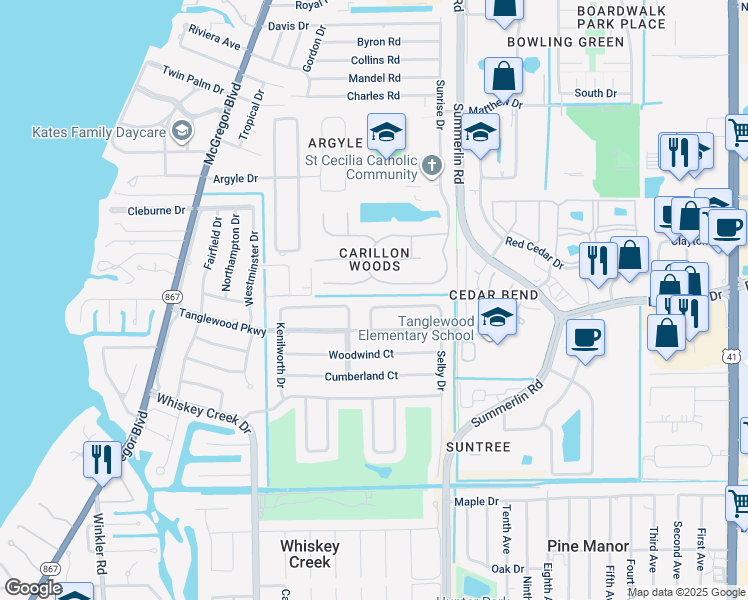 map of restaurants, bars, coffee shops, grocery stores, and more near 16 Catalpa Court in Fort Myers