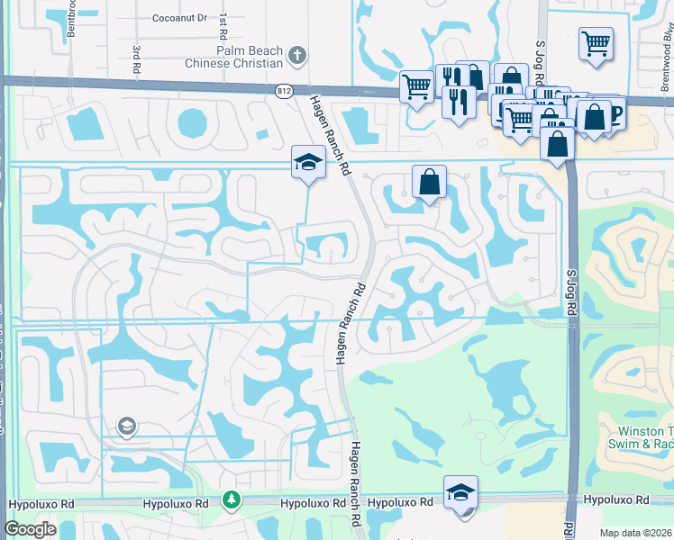 map of restaurants, bars, coffee shops, grocery stores, and more near 6334 Prestwick Court in Lake Worth