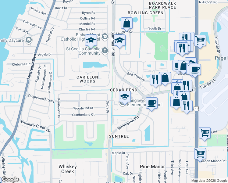 map of restaurants, bars, coffee shops, grocery stores, and more near 5230 Cedarbend Drive in Fort Myers