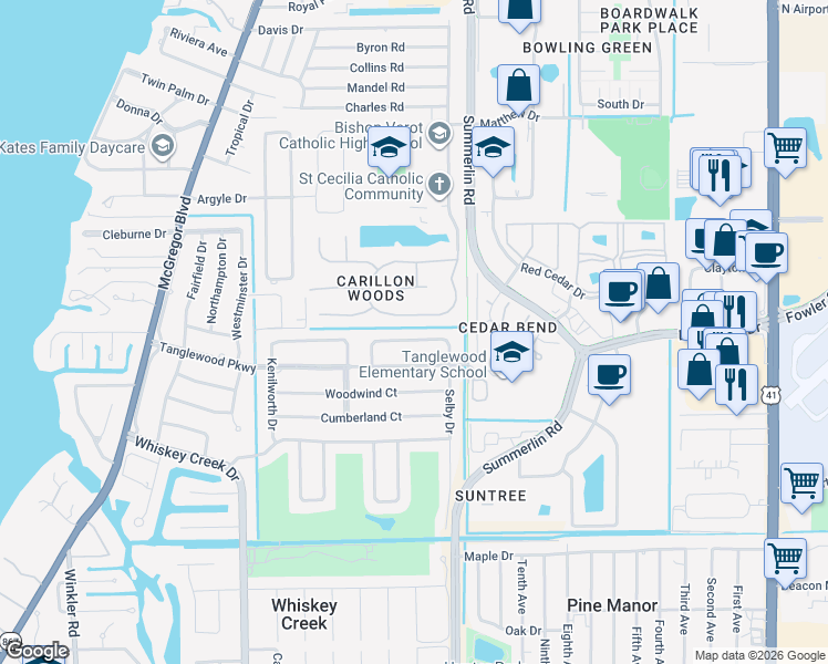 map of restaurants, bars, coffee shops, grocery stores, and more near 58 Timberland Circle North in Fort Myers