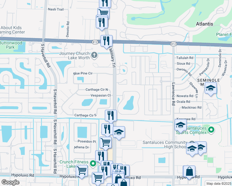 map of restaurants, bars, coffee shops, grocery stores, and more near 6030 Carthage Circle South in Greenacres