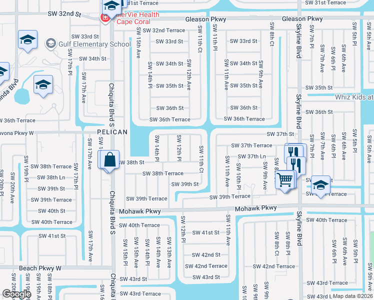 map of restaurants, bars, coffee shops, grocery stores, and more near 3724 Southwest 12th Avenue in Cape Coral