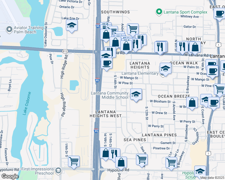 map of restaurants, bars, coffee shops, grocery stores, and more near 1408 West Broward Street in Lantana