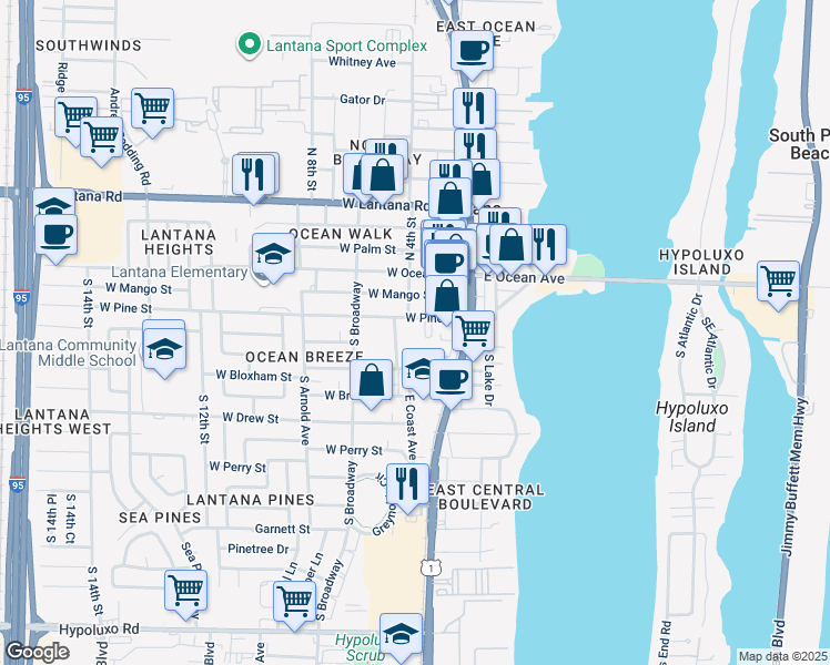 map of restaurants, bars, coffee shops, grocery stores, and more near 323 West Pine Street in Lantana