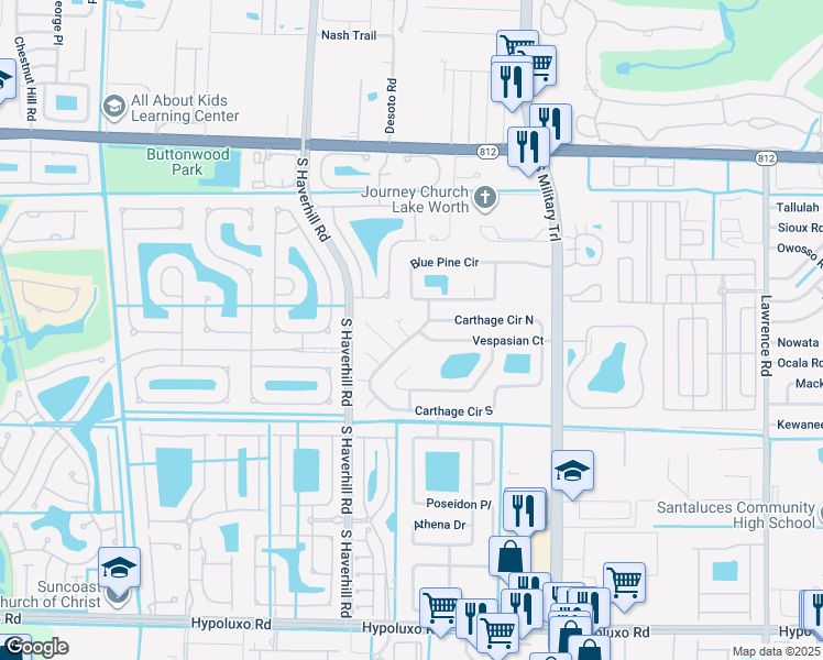 map of restaurants, bars, coffee shops, grocery stores, and more near 4803 Spartacus Drive in Lake Worth