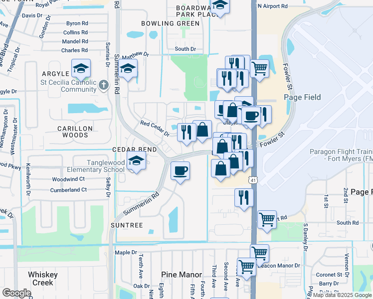 map of restaurants, bars, coffee shops, grocery stores, and more near 1627 Red Cedar Dr in Fort Myers