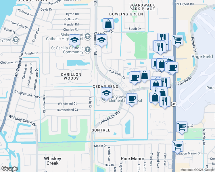 map of restaurants, bars, coffee shops, grocery stores, and more near 5211 Cedarbend Drive in Fort Myers