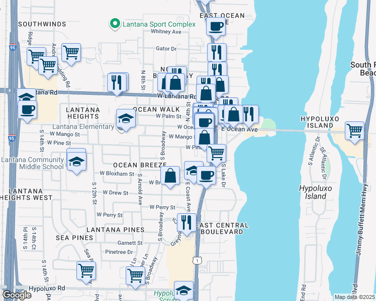 map of restaurants, bars, coffee shops, grocery stores, and more near 417 West Pine Street in Lantana