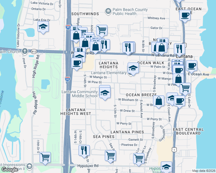 map of restaurants, bars, coffee shops, grocery stores, and more near 1232 West Pine Street in Lantana